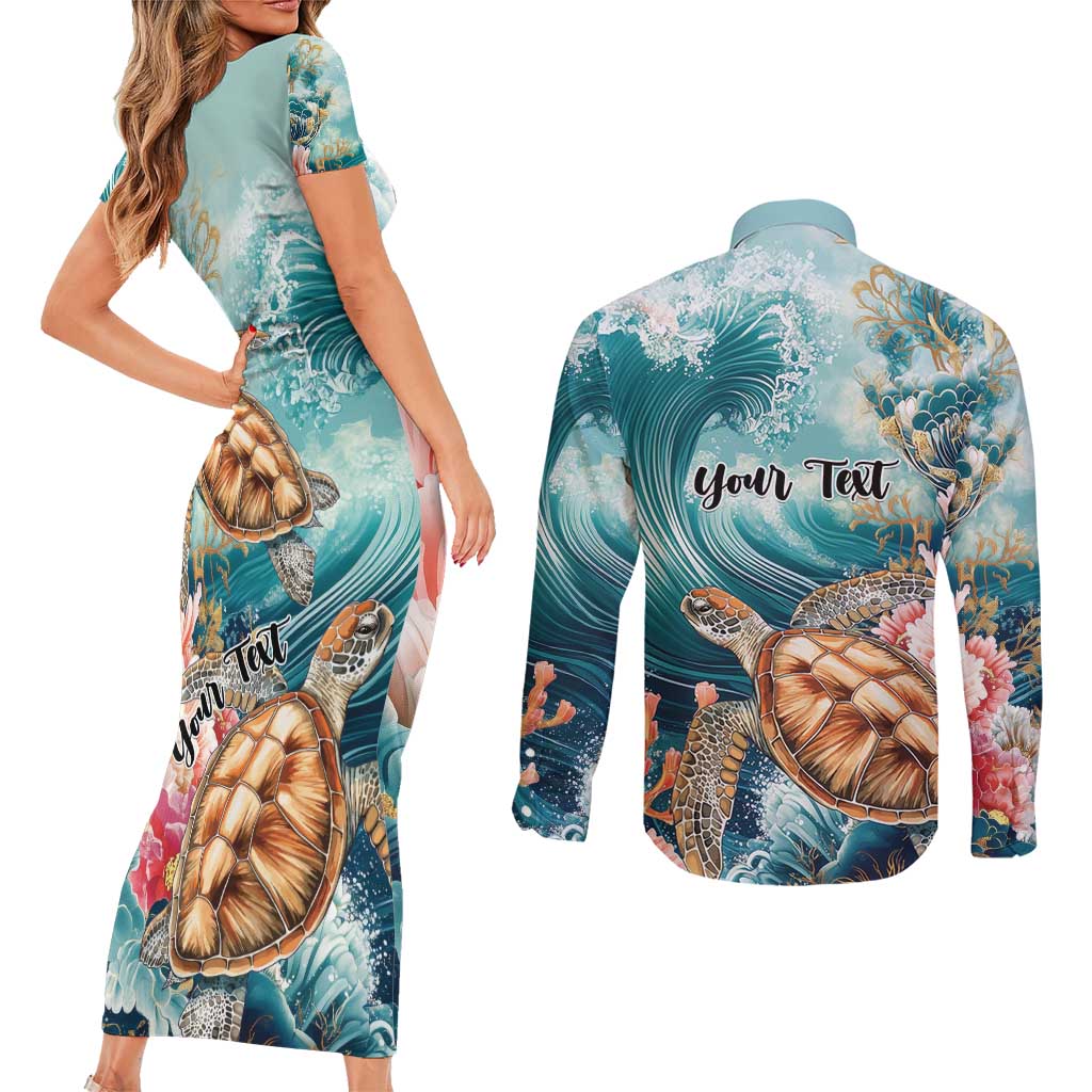 Personalized Caribbean Sea Turtle Couples Matching Short Sleeve Bodycon Dress and Long Sleeve Button Shirt Fantastic Ocean Waves