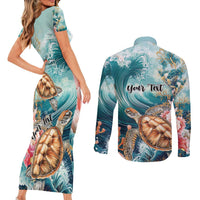 Personalized Caribbean Sea Turtle Couples Matching Short Sleeve Bodycon Dress and Long Sleeve Button Shirt Fantastic Ocean Waves