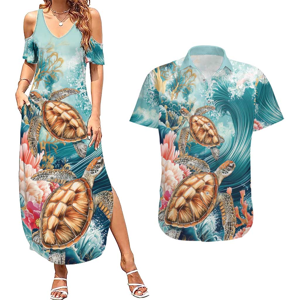 Personalized Caribbean Sea Turtle Couples Matching Summer Maxi Dress and Hawaiian Shirt Fantastic Ocean Waves