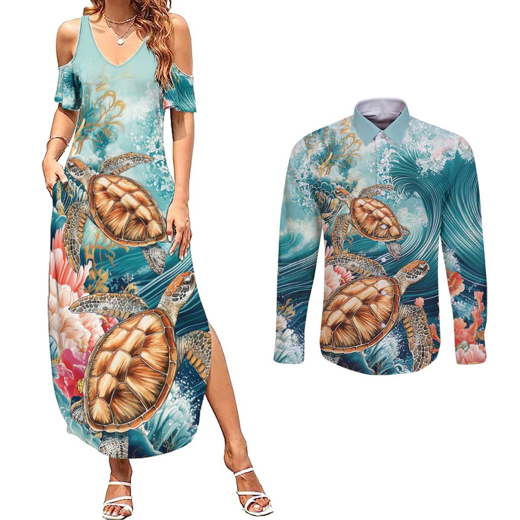 Personalized Caribbean Sea Turtle Couples Matching Summer Maxi Dress and Long Sleeve Button Shirt Fantastic Ocean Waves