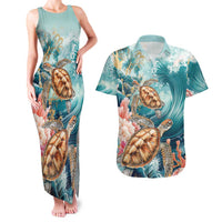 Personalized Caribbean Sea Turtle Couples Matching Tank Maxi Dress and Hawaiian Shirt Fantastic Ocean Waves