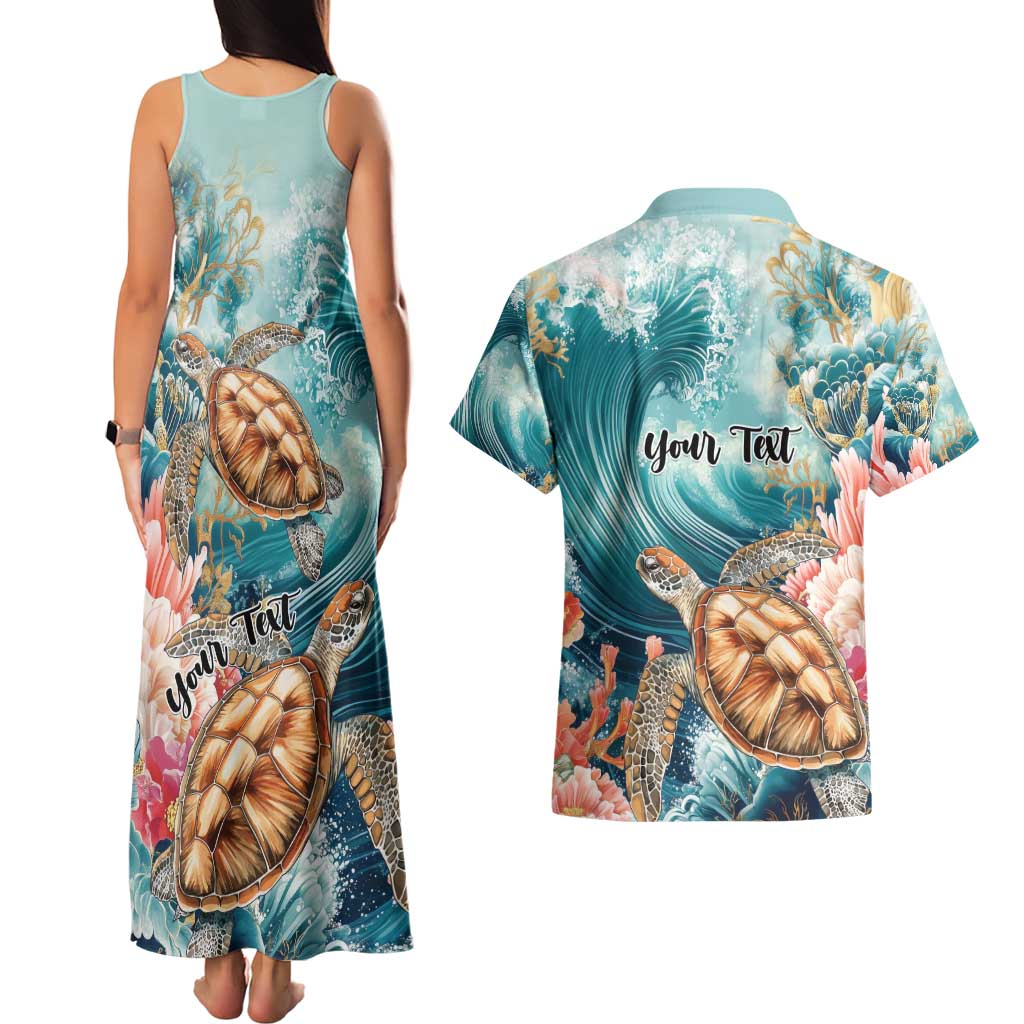 Personalized Caribbean Sea Turtle Couples Matching Tank Maxi Dress and Hawaiian Shirt Fantastic Ocean Waves