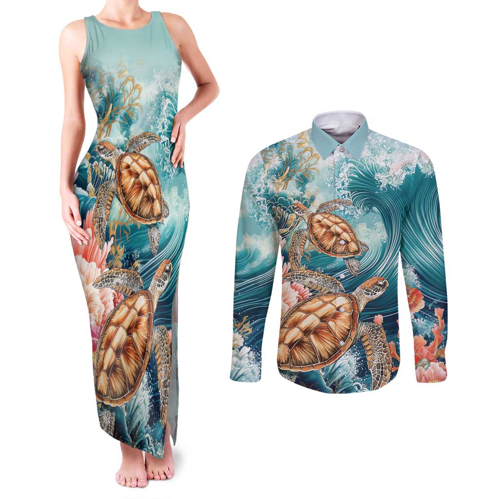 Personalized Caribbean Sea Turtle Couples Matching Tank Maxi Dress and Long Sleeve Button Shirt Fantastic Ocean Waves