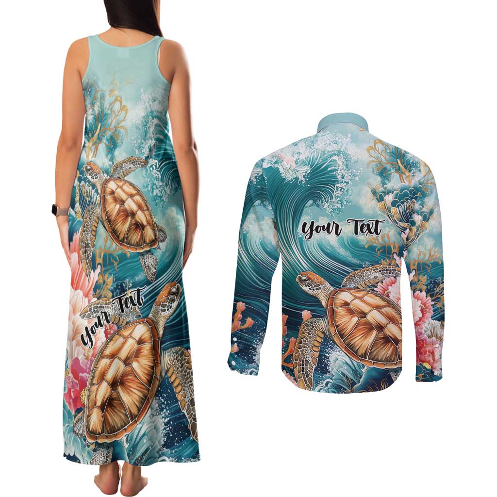 Personalized Caribbean Sea Turtle Couples Matching Tank Maxi Dress and Long Sleeve Button Shirt Fantastic Ocean Waves
