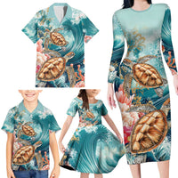Personalized Caribbean Sea Turtle Family Matching Long Sleeve Bodycon Dress and Hawaiian Shirt Fantastic Ocean Waves