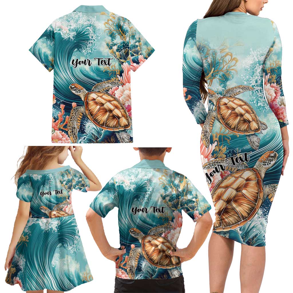 Personalized Caribbean Sea Turtle Family Matching Long Sleeve Bodycon Dress and Hawaiian Shirt Fantastic Ocean Waves