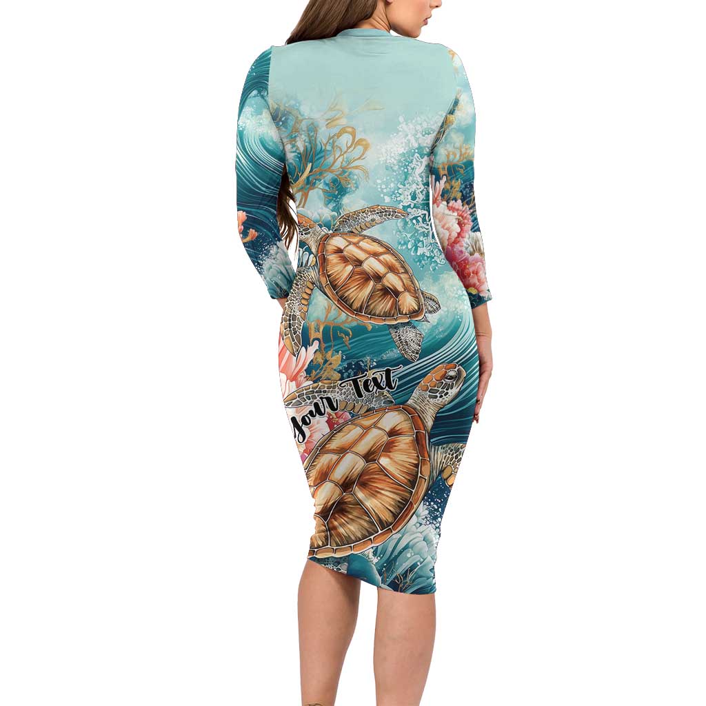 Personalized Caribbean Sea Turtle Family Matching Long Sleeve Bodycon Dress and Hawaiian Shirt Fantastic Ocean Waves