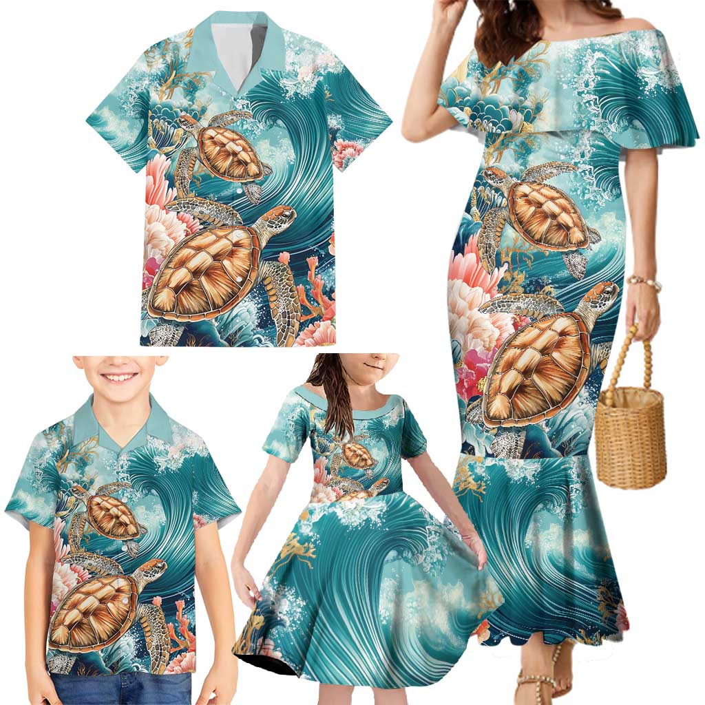 Personalized Caribbean Sea Turtle Family Matching Mermaid Dress and Hawaiian Shirt Fantastic Ocean Waves