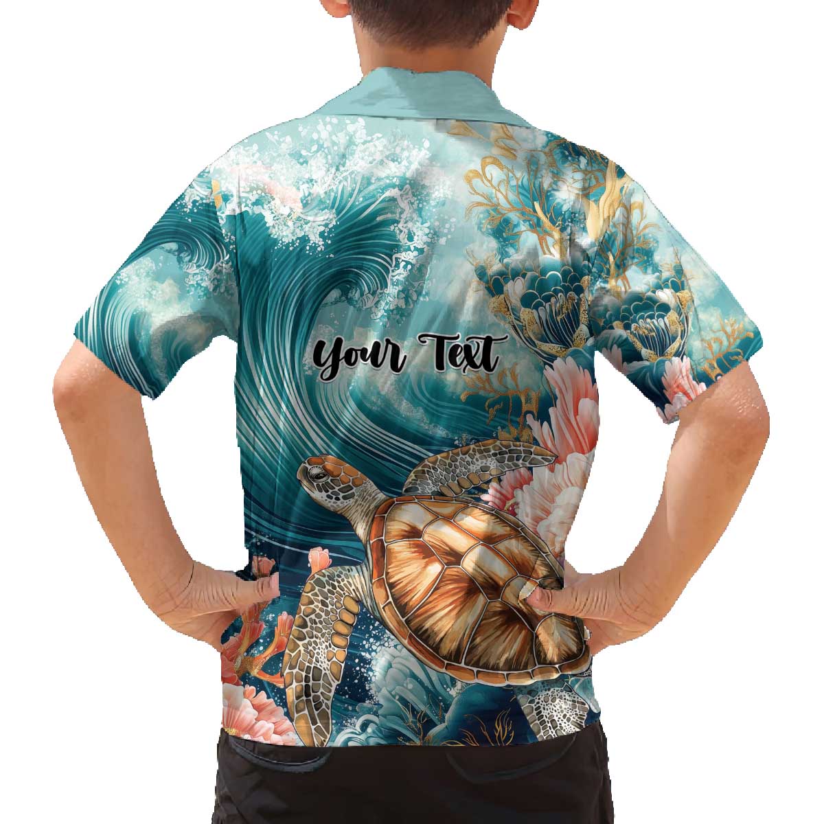 Personalized Caribbean Sea Turtle Family Matching Off The Shoulder Long Sleeve Dress and Hawaiian Shirt Fantastic Ocean Waves