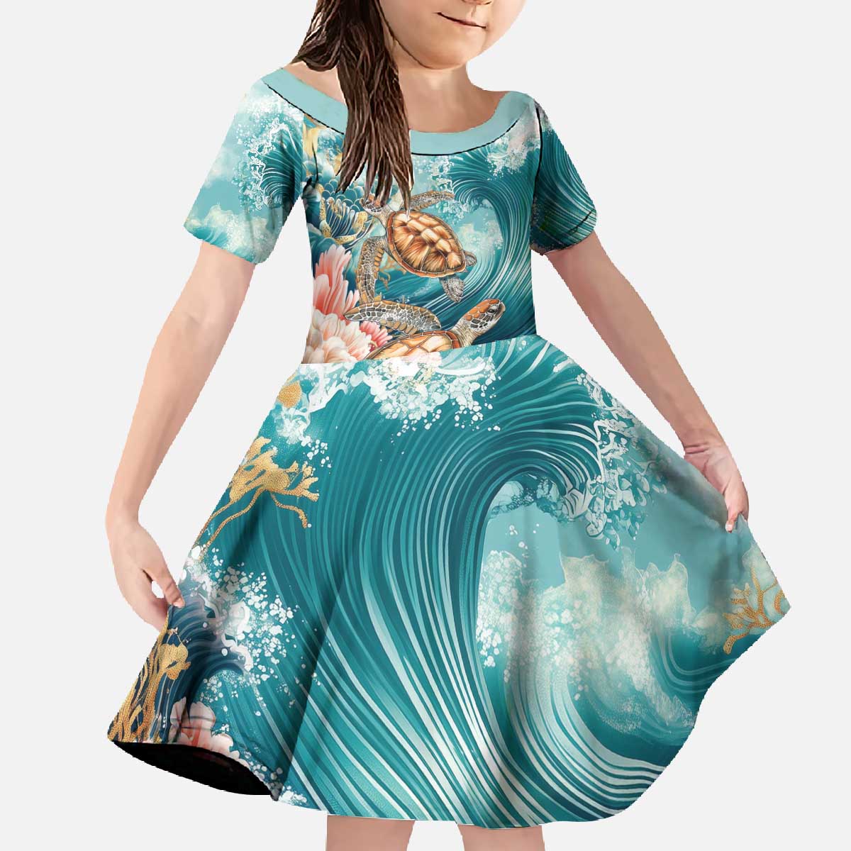 Personalized Caribbean Sea Turtle Family Matching Off The Shoulder Long Sleeve Dress and Hawaiian Shirt Fantastic Ocean Waves