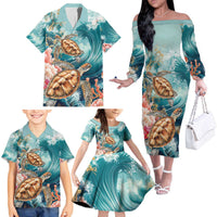 Personalized Caribbean Sea Turtle Family Matching Off The Shoulder Long Sleeve Dress and Hawaiian Shirt Fantastic Ocean Waves