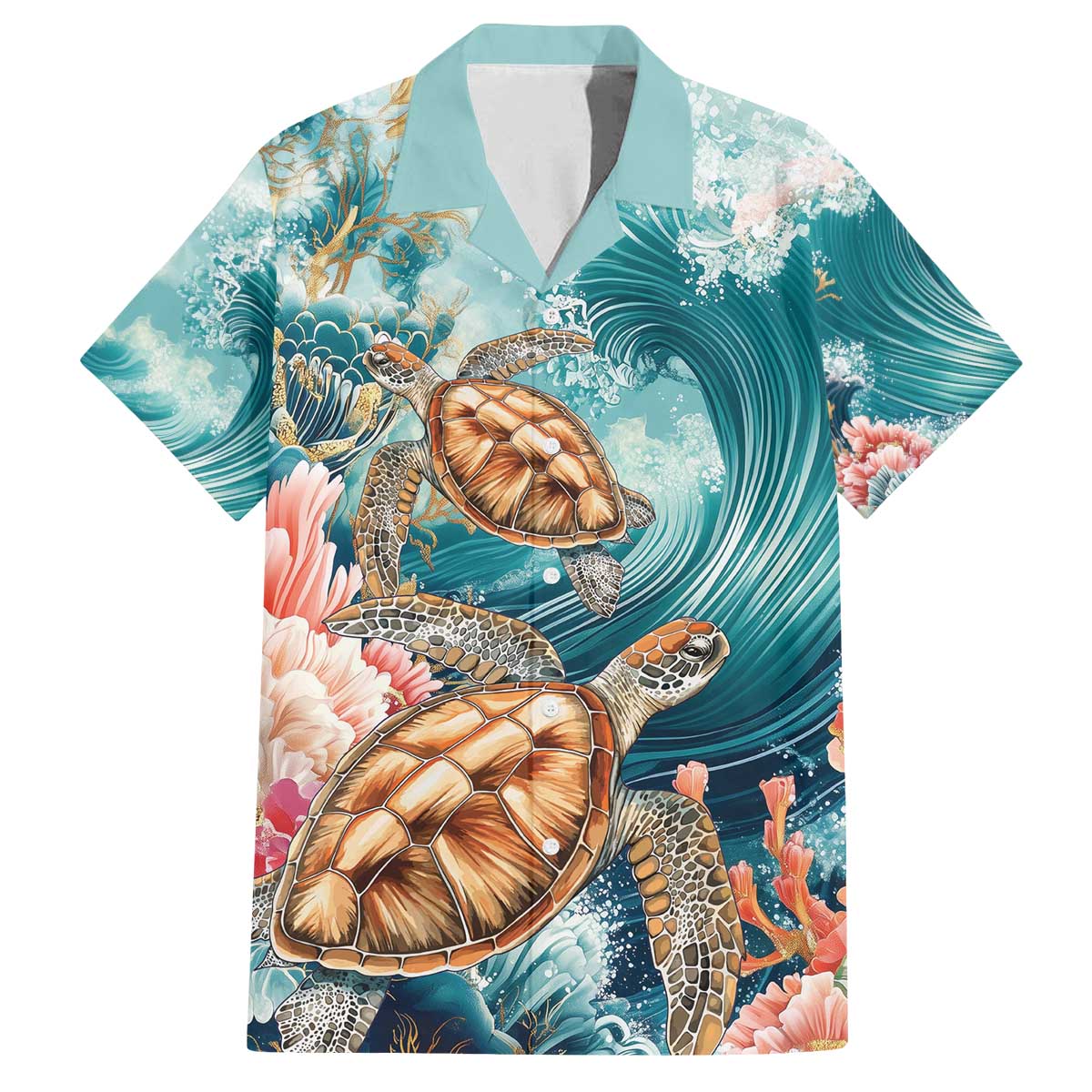 Personalized Caribbean Sea Turtle Family Matching Off The Shoulder Long Sleeve Dress and Hawaiian Shirt Fantastic Ocean Waves