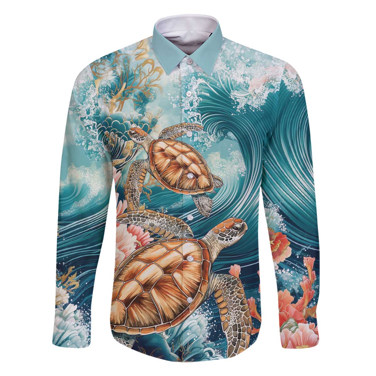 Personalized Caribbean Sea Turtle Family Matching Off The Shoulder Long Sleeve Dress and Hawaiian Shirt Fantastic Ocean Waves