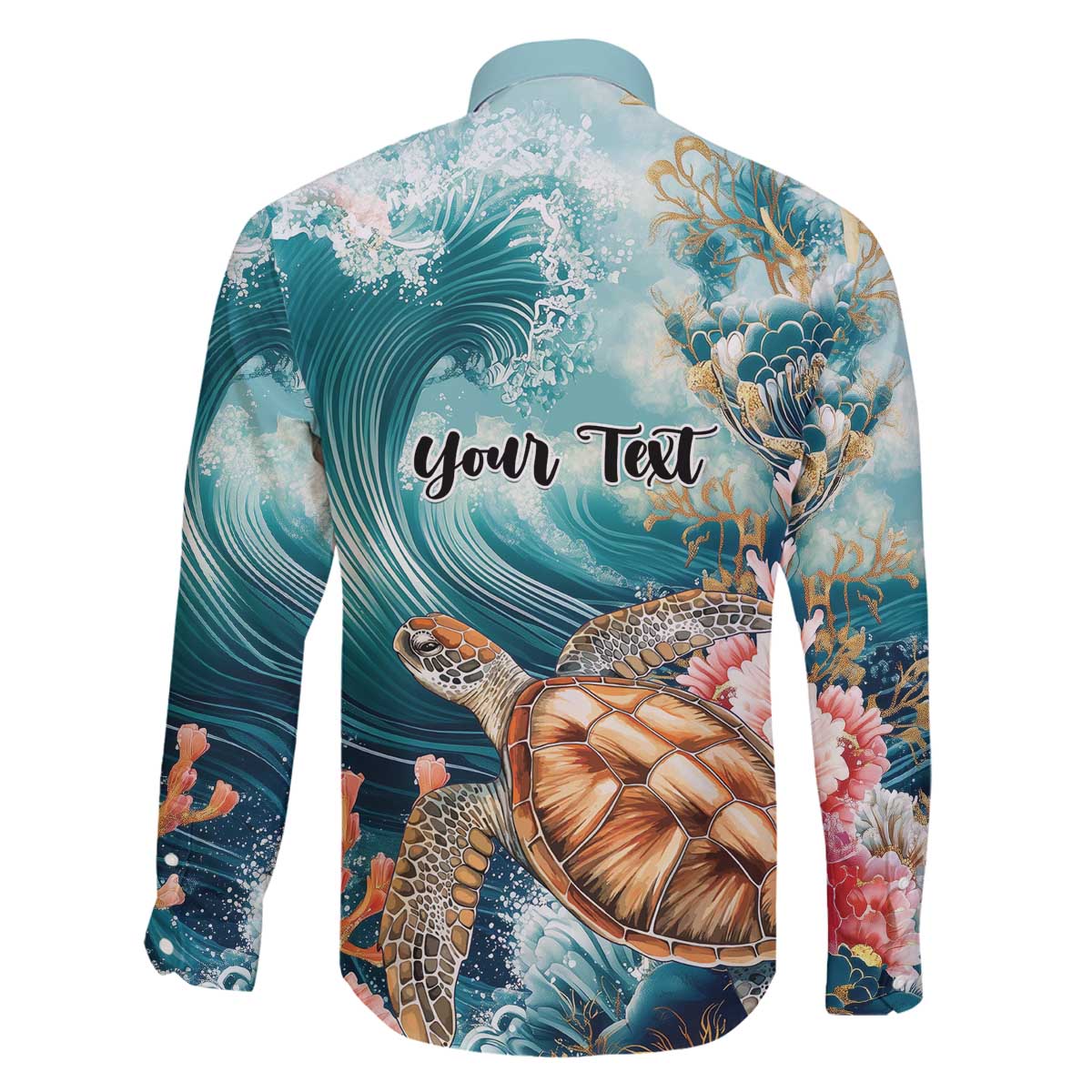 Personalized Caribbean Sea Turtle Family Matching Off The Shoulder Long Sleeve Dress and Hawaiian Shirt Fantastic Ocean Waves