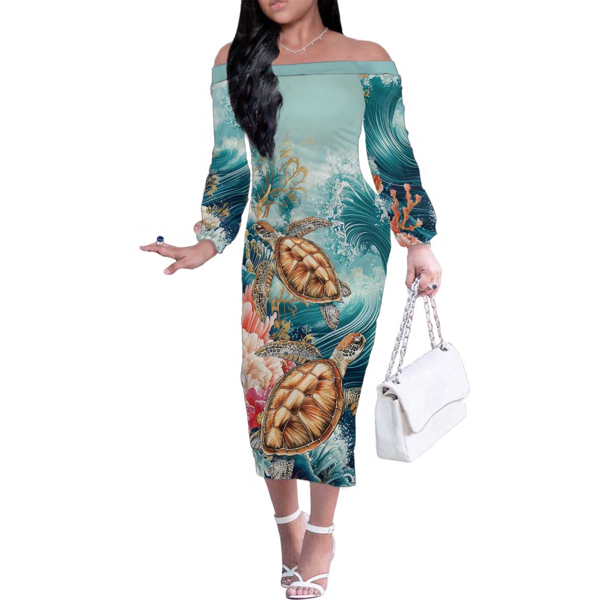 Personalized Caribbean Sea Turtle Family Matching Off The Shoulder Long Sleeve Dress and Hawaiian Shirt Fantastic Ocean Waves