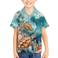 Personalized Caribbean Sea Turtle Family Matching Off The Shoulder Long Sleeve Dress and Hawaiian Shirt Fantastic Ocean Waves