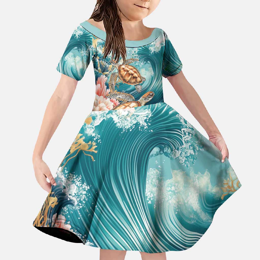 Personalized Caribbean Sea Turtle Family Matching Off Shoulder Maxi Dress and Hawaiian Shirt Fantastic Ocean Waves