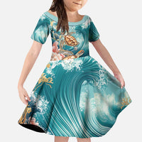 Personalized Caribbean Sea Turtle Family Matching Off Shoulder Maxi Dress and Hawaiian Shirt Fantastic Ocean Waves