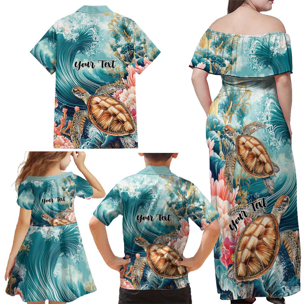 Personalized Caribbean Sea Turtle Family Matching Off Shoulder Maxi Dress and Hawaiian Shirt Fantastic Ocean Waves