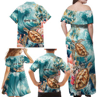 Personalized Caribbean Sea Turtle Family Matching Off Shoulder Maxi Dress and Hawaiian Shirt Fantastic Ocean Waves