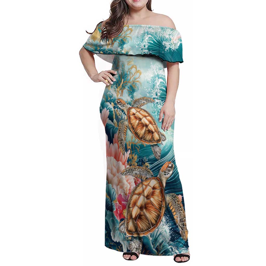 Personalized Caribbean Sea Turtle Family Matching Off Shoulder Maxi Dress and Hawaiian Shirt Fantastic Ocean Waves