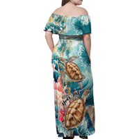 Personalized Caribbean Sea Turtle Family Matching Off Shoulder Maxi Dress and Hawaiian Shirt Fantastic Ocean Waves