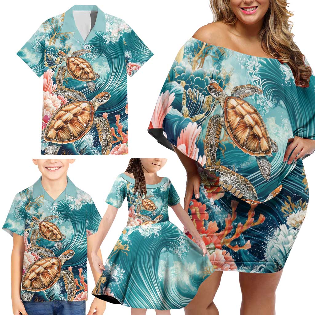 Personalized Caribbean Sea Turtle Family Matching Off Shoulder Short Dress and Hawaiian Shirt Fantastic Ocean Waves