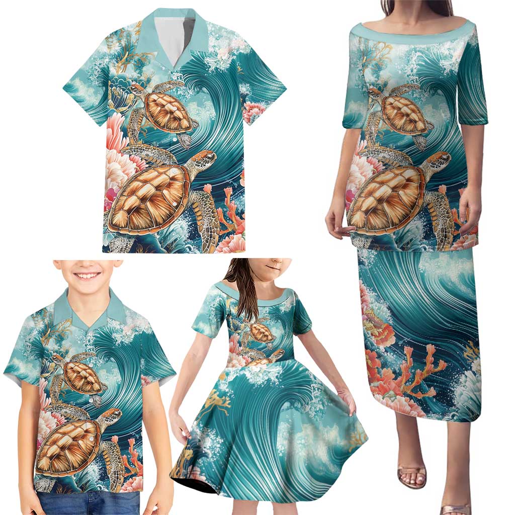Personalized Caribbean Sea Turtle Family Matching Puletasi and Hawaiian Shirt Fantastic Ocean Waves