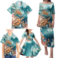 Personalized Caribbean Sea Turtle Family Matching Puletasi and Hawaiian Shirt Fantastic Ocean Waves