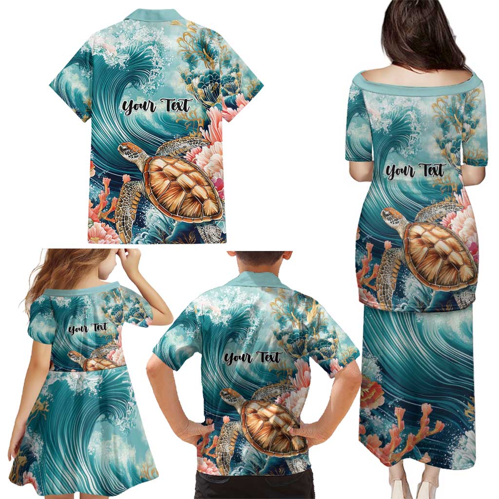 Personalized Caribbean Sea Turtle Family Matching Puletasi and Hawaiian Shirt Fantastic Ocean Waves