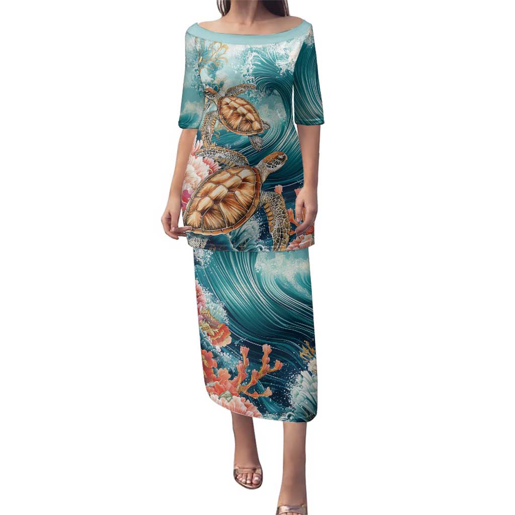 Personalized Caribbean Sea Turtle Family Matching Puletasi and Hawaiian Shirt Fantastic Ocean Waves