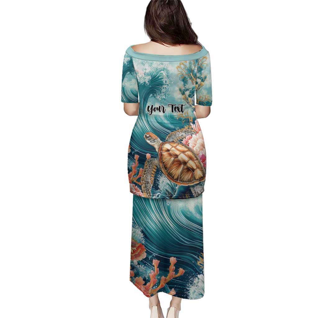 Personalized Caribbean Sea Turtle Family Matching Puletasi and Hawaiian Shirt Fantastic Ocean Waves
