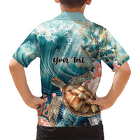 Personalized Caribbean Sea Turtle Family Matching Short Sleeve Bodycon Dress and Hawaiian Shirt Fantastic Ocean Waves
