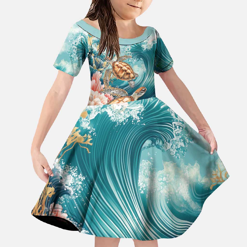 Personalized Caribbean Sea Turtle Family Matching Short Sleeve Bodycon Dress and Hawaiian Shirt Fantastic Ocean Waves