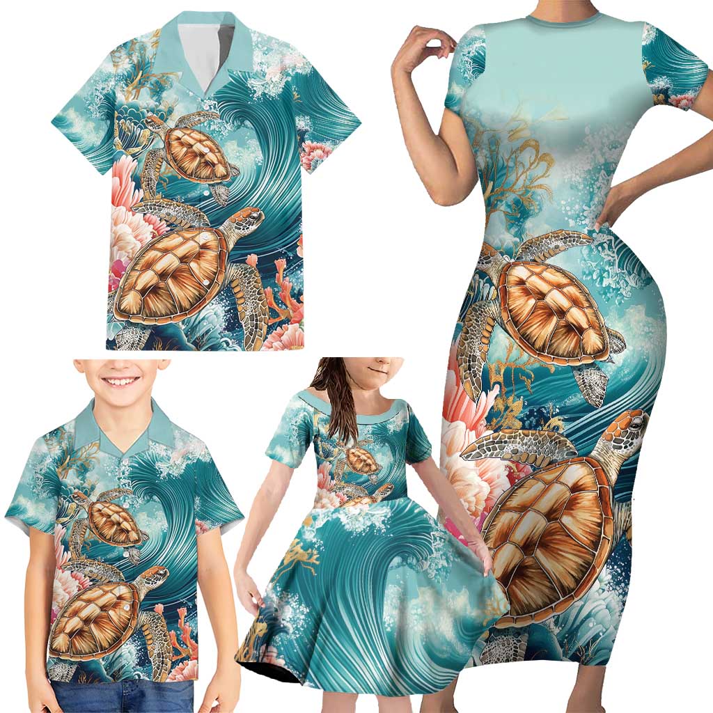 Personalized Caribbean Sea Turtle Family Matching Short Sleeve Bodycon Dress and Hawaiian Shirt Fantastic Ocean Waves