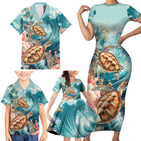 Personalized Caribbean Sea Turtle Family Matching Short Sleeve Bodycon Dress and Hawaiian Shirt Fantastic Ocean Waves