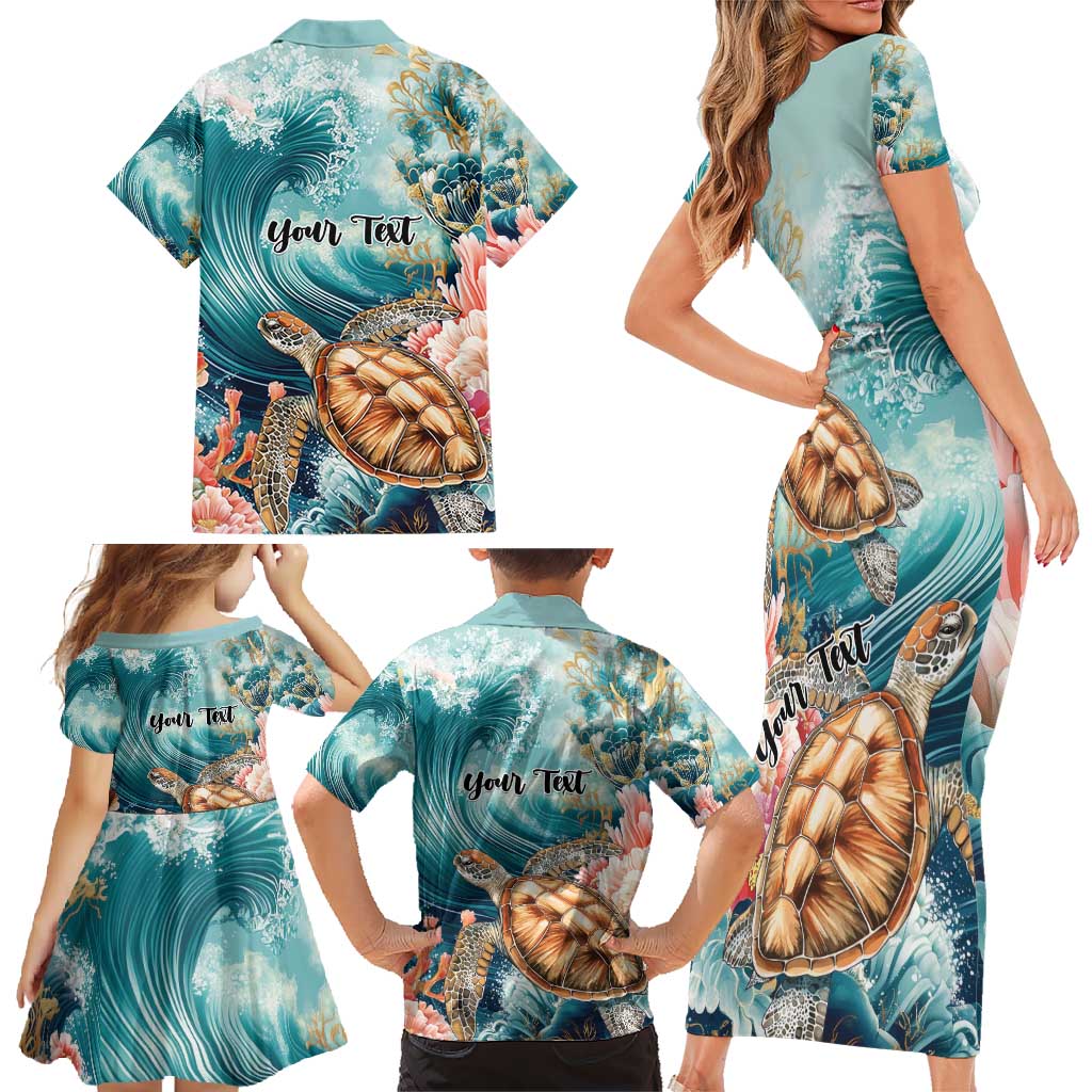 Personalized Caribbean Sea Turtle Family Matching Short Sleeve Bodycon Dress and Hawaiian Shirt Fantastic Ocean Waves