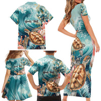 Personalized Caribbean Sea Turtle Family Matching Short Sleeve Bodycon Dress and Hawaiian Shirt Fantastic Ocean Waves