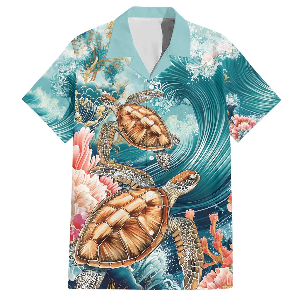 Personalized Caribbean Sea Turtle Family Matching Short Sleeve Bodycon Dress and Hawaiian Shirt Fantastic Ocean Waves