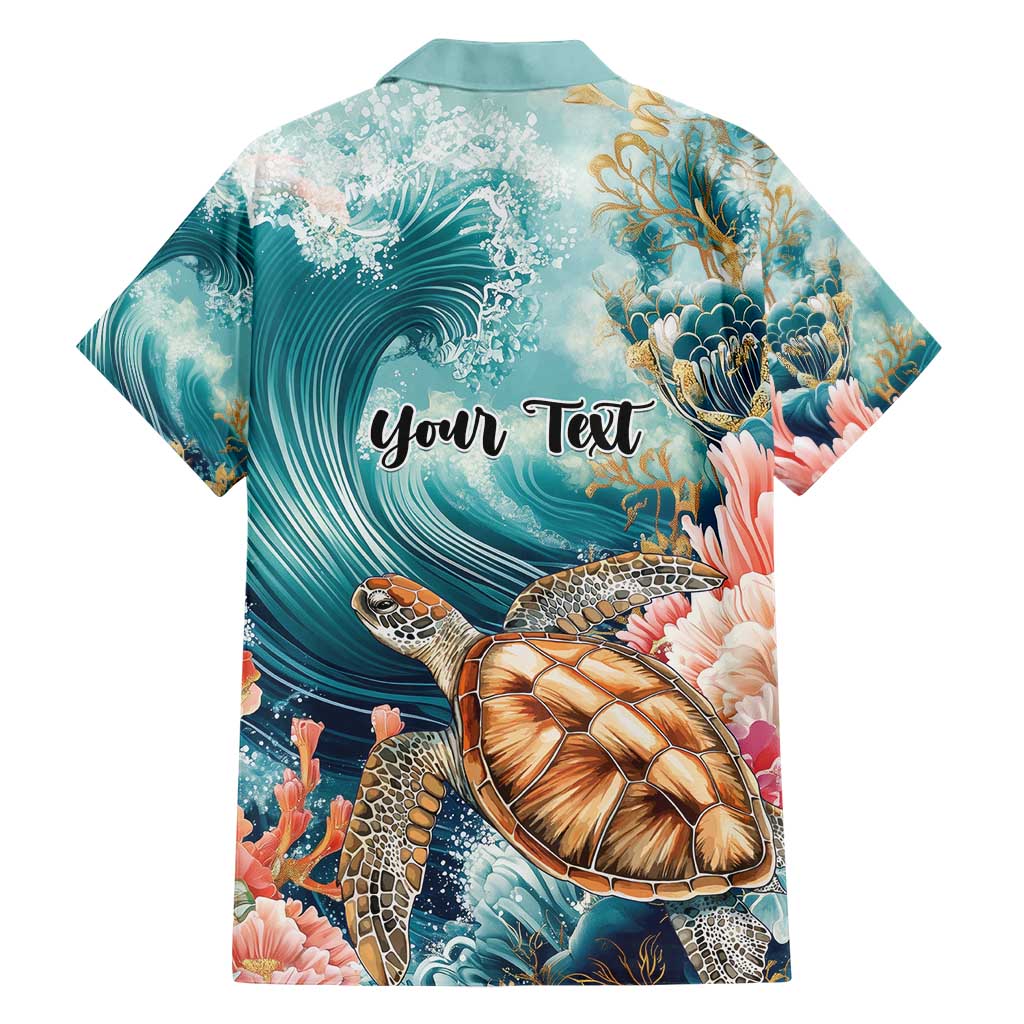 Personalized Caribbean Sea Turtle Family Matching Short Sleeve Bodycon Dress and Hawaiian Shirt Fantastic Ocean Waves