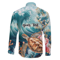 Personalized Caribbean Sea Turtle Family Matching Short Sleeve Bodycon Dress and Hawaiian Shirt Fantastic Ocean Waves