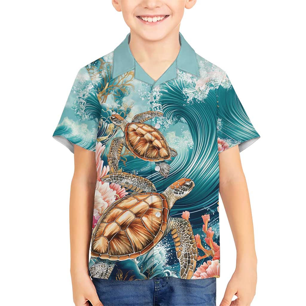 Personalized Caribbean Sea Turtle Family Matching Short Sleeve Bodycon Dress and Hawaiian Shirt Fantastic Ocean Waves