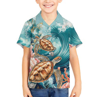 Personalized Caribbean Sea Turtle Family Matching Short Sleeve Bodycon Dress and Hawaiian Shirt Fantastic Ocean Waves