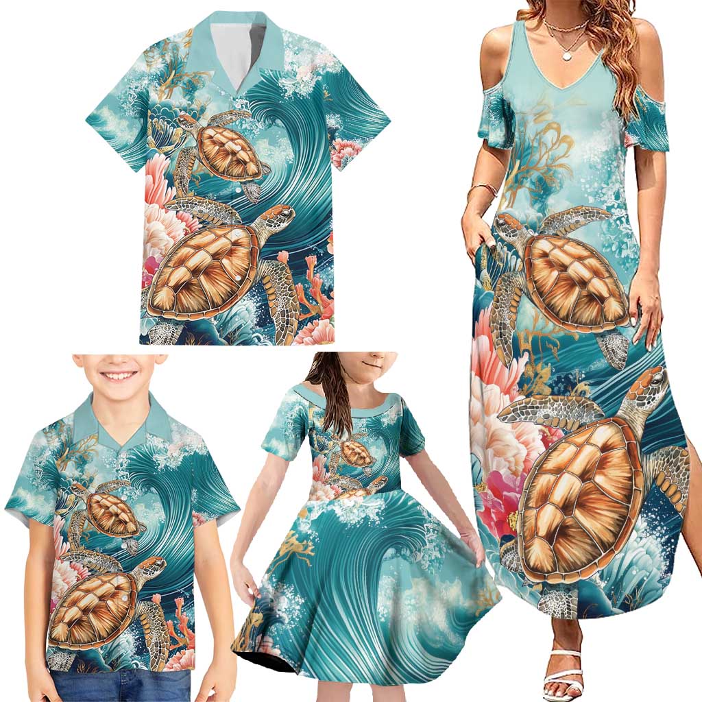 Personalized Caribbean Sea Turtle Family Matching Summer Maxi Dress and Hawaiian Shirt Fantastic Ocean Waves