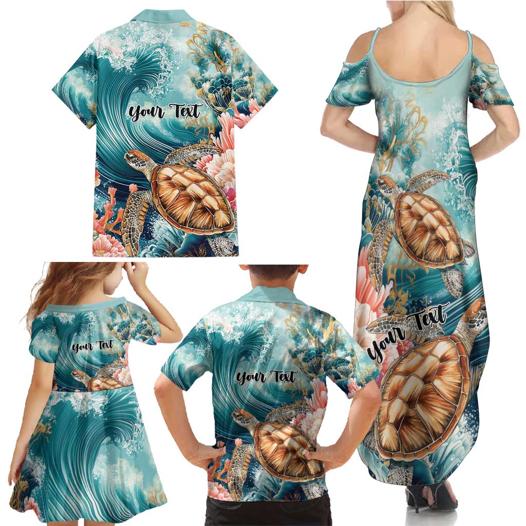 Personalized Caribbean Sea Turtle Family Matching Summer Maxi Dress and Hawaiian Shirt Fantastic Ocean Waves