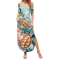 Personalized Caribbean Sea Turtle Family Matching Summer Maxi Dress and Hawaiian Shirt Fantastic Ocean Waves
