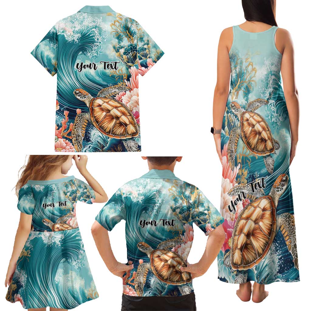 Personalized Caribbean Sea Turtle Family Matching Tank Maxi Dress and Hawaiian Shirt Fantastic Ocean Waves