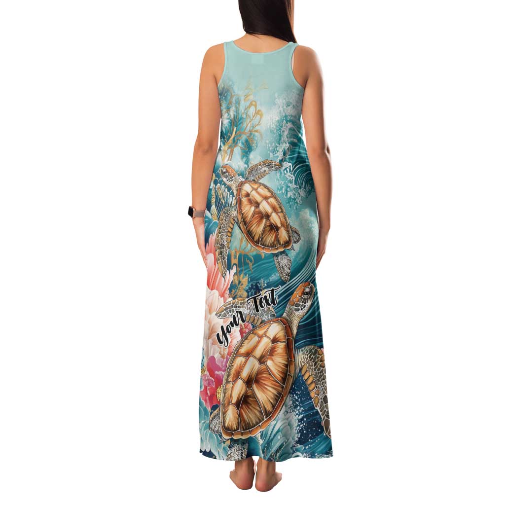 Personalized Caribbean Sea Turtle Family Matching Tank Maxi Dress and Hawaiian Shirt Fantastic Ocean Waves