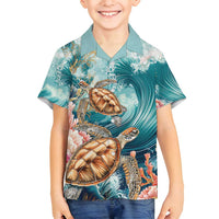 Personalized Caribbean Sea Turtle Family Matching Tank Maxi Dress and Hawaiian Shirt Fantastic Ocean Waves