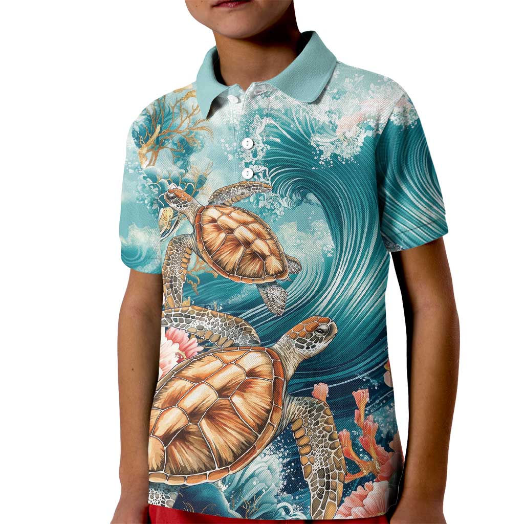 Personalized Caribbean Sea Turtle Kid Polo Shirt Fantastic Ocean Waves